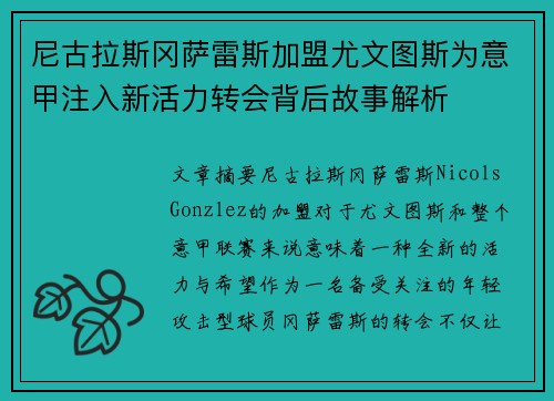 尼古拉斯冈萨雷斯加盟尤文图斯为意甲注入新活力转会背后故事解析